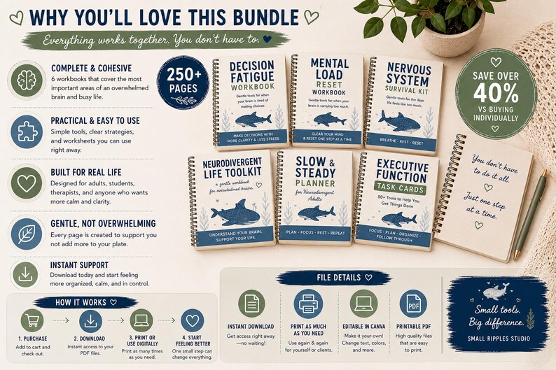 K&ouml;nnte beinhalten: Ein B&uuml;ndel aus sechs spiralgebundenen Arbeitsheften mit den Titeln Decision Fatigue, Mental Load, Nervous System, Neurodivergent Life Toolkit, Slow & Steady Planner und Executive Function, inklusive Haifisch-Illustrationen, blauem Text und Grafiken.