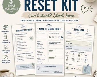 Executive Dysfunction Reset Kit | ADHD Task Paralysis Worksheets | Overwhelm & Motivation Printable | Executive Function PDF