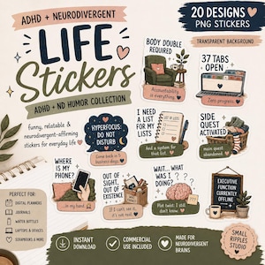 May include: A collection of 20 digital stickers featuring ADHD and neurodivergent themes. Each sticker includes hand-drawn illustrations and text such as '37 Tabs Open', 'Side Quest Activated', and 'Executive Function Currently Offline' on a light background.