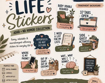 ADHD Sticker PNG Bundle, 20 Neurodivergent Humor PNGs, Executive Dysfunction Stickers, Funny ADHD Digital Stickers, Commercial Use