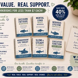 K&ouml;nnte beinhalten: Ein Set aus sechs spiralgebundenen Arbeitsb&uuml;chern mit den Titeln Decision Fatigue, Mental Load Reset, Nervous System Survival Kit, Neurodivergent Life Toolkit, Slow & Steady Planner und Executive Function Task Cards, jeweils mit einem blauen Hai.