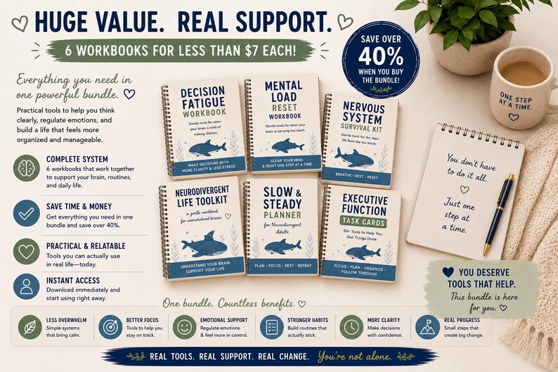 K&ouml;nnte beinhalten: Ein Set aus sechs spiralgebundenen Arbeitsb&uuml;chern mit den Titeln Decision Fatigue, Mental Load Reset, Nervous System Survival Kit, Neurodivergent Life Toolkit, Slow & Steady Planner und Executive Function Task Cards, jeweils mit einem blauen Hai.