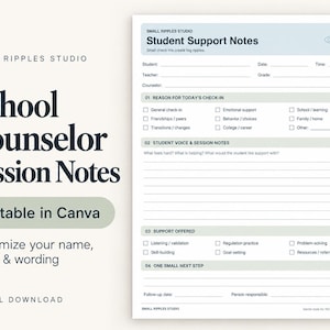 Puede incluir: Una plantilla digital para notas de sesiones de consejeros escolares con un encabezado azul claro que incluye el texto Small Ripples Studio y Student Support Notes. El formulario contiene secciones para datos del estudiante, motivo de la consulta, notas, apoyo ofrecido y próximos pasos.