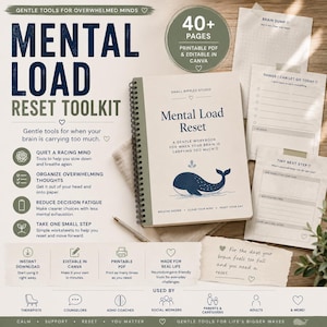 Puede incluir: Un libro de ejercicios Mental Load Reset con encuadernación en espiral, que presenta una ilustración de una ballena azul en la portada. El conjunto incluye varias páginas imprimibles con indicaciones para organizar pensamientos y reducir la fatiga.