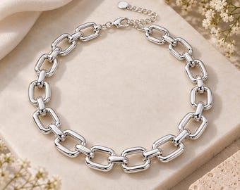 Sterling Silver Chunky Link Necklace, Modern Statement Choker