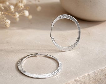 Sterling Silver Hammered Hoop Earrings, Minimalist Textured Hoops, Modern Everyday Jewelry
