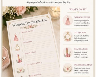 Wedding Day Packing List Printable | Bridal Essentials Checklist | Wedding Planner Printable | Instant Download