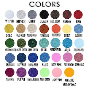 Puede incluir: Una carta de colores que muestra los colores de las letras con purpurina. La carta incluye una variedad de colores como blanco, plata, gris, negro, marr&oacute;n oscuro, granate y rojo. Otros colores incluyen oro, oro viejo y oro Vegas.