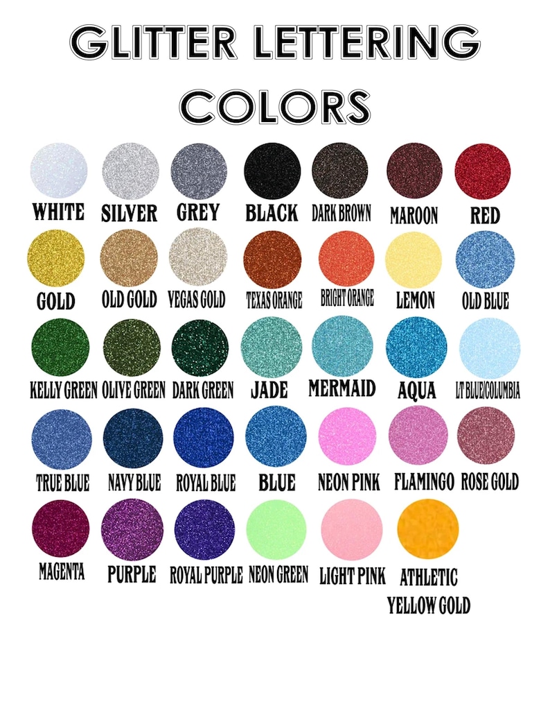 Puede incluir: Una carta de colores que muestra los colores de las letras con purpurina. La carta incluye una variedad de colores como blanco, plata, gris, negro, marr&oacute;n oscuro, granate y rojo. Otros colores incluyen oro, oro viejo y oro Vegas.