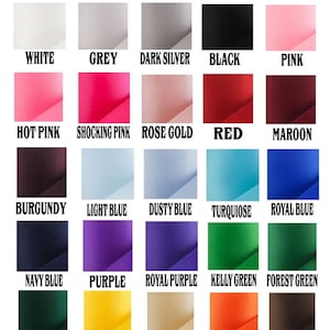 Puede incluir: Una carta de colores que muestra una variedad de colores de faja. La carta incluye muestras de blanco, gris, plata oscura, negro, rosa, rosa intenso, rosa impactante, oro rosa, rojo, granate, borgo&ntilde;a, azul claro, azul polvoriento, turquesa, azul real, azul marino, morado, morado real, verde kelly, verde bosque, verde cazador, amarillo, oro claro, naranja y marr&oacute;n.