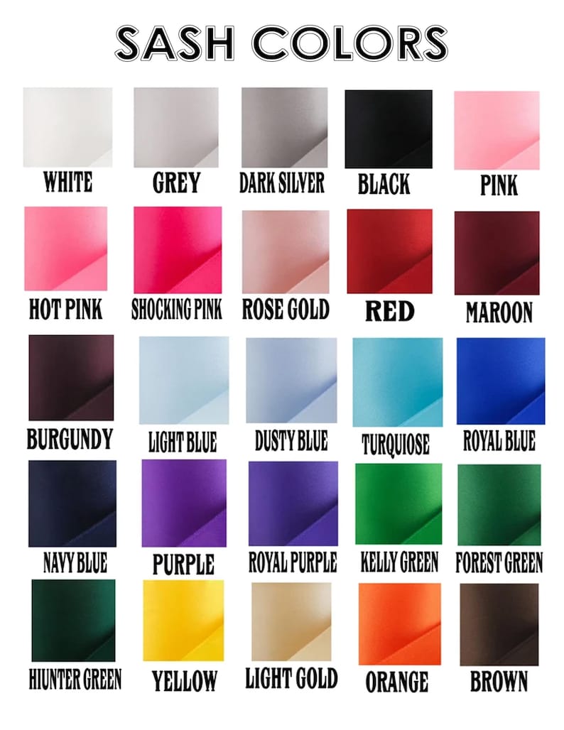 Puede incluir: Una carta de colores que muestra una variedad de colores de faja. La carta incluye muestras de blanco, gris, plata oscura, negro, rosa, rosa intenso, rosa impactante, oro rosa, rojo, granate, borgo&ntilde;a, azul claro, azul polvoriento, turquesa, azul real, azul marino, morado, morado real, verde kelly, verde bosque, verde cazador, amarillo, oro claro, naranja y marr&oacute;n.