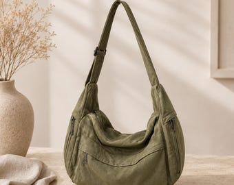 Canvas-Schultertasche für Damen, lässige Umhängetasche, große Hobo-Tasche, Messenger Bag mit mehreren Fächern, bequeme Alltagstasche, Stoff im koreanischen Stil