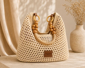 Gewebte Schultertasche, große gehäkelte Tragetasche, Strandtasche für den Sommer, Boho-Handtasche für jeden Tag, leichte Einkaufstasche, Perlenbesetzte Tasche, Geschenkidee für sie