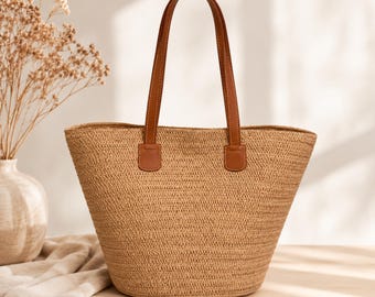 Large Straw Tote Bag, Woven Beach Bag, Summer Shoulder Handbag, Boho Straw Purse, Vacation Tote, Coastal Shopper Bag, Women's Market Bag