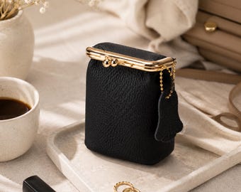 Geldbörse aus echtem Leder, Mini-Geldbörse mit Kussverschluss, kleines Lederportemonnaie, Münzbeutel, Lippenstiftetui, Kopfhörerhalter, Geschenk für Sie, Accessoire