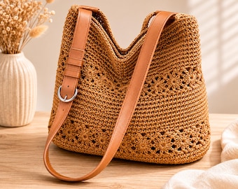 Boho Crochet Shoulder Bag for Women, Woven Summer Tote Bag, Minimalist Beach Shoulder Purse, Handmade Knit Hobo Bag,Vacation Straw Style Bag