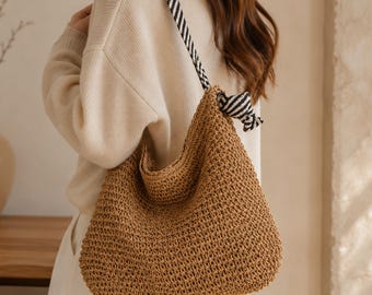Gehäkelte Tragetasche, gewebte Schultertasche, Strandtasche für den Sommer, große, lässige Handtasche, beige Strohtasche, Schultertasche für den Urlaub, Geschenkidee für sie