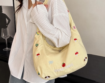 Bestickte Nylon-Schultertasche, koreanische Umhängetasche, süße Alltagstasche, geräumige Hobo-Tasche, lässige Pendlertasche, Geschenk für Sie