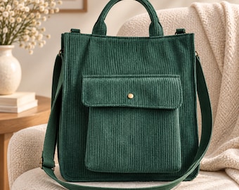 Cord-Umhängetasche, Vintage-Schultertasche, große Cord-Tragetasche, Alltagstasche für Studenten, verstellbare Messenger Bag, braun oder grün