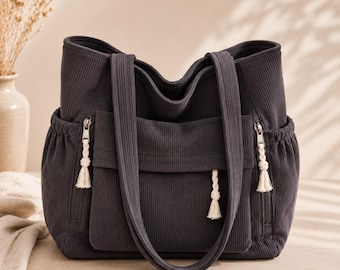 Cord-Tragetasche mit Fächern, weiche Schultertasche für jeden Tag, lässige Tragetasche mit Reißverschluss, Handtasche für Arbeit, Schule und Reisen, minimalistische Tragetasche, Geschenk