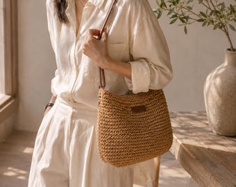 Women’s Straw Shoulder Bag, Woven Rattan Crossbody Purse, Summer Beach Handbag, Boho Tote Bag , Lightweight Vacation Bag, Holiday Bag