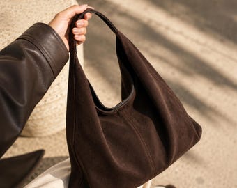 Schultertasche aus echtem Wildleder, große Wildleder-Tragetasche, lässige Wildleder-Handtasche, Damen-Alltagstasche, Vintage-Wildleder-Geldbörse, Luxus-Tragetasche, Geschenkidee für sie