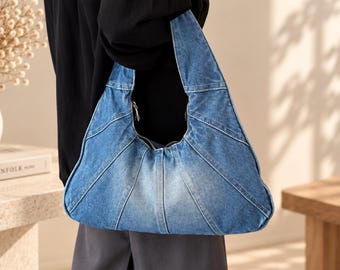 Damen-Patchworktasche aus Denim, große Schultertasche, lässige Denim-Handtasche, große Patchwork-Tragetasche, lässige Alltagstasche, Denim-Geldbörse