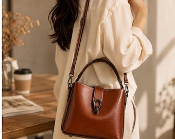 Gewachste Ledertasche, Damen-Umhängetasche, Schultertasche aus Rindsleder, kleine Lederhandtasche, Alltagstasche, modische Tragetasche, Geschenk