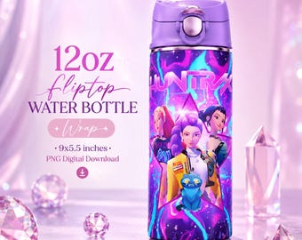 K-Pop Demon Hunters Huntrix 355 ml vattenflaskomslag | Rumi Kpop barnmugg PNG | Rosa anime-sippmuggomslag | Söt kawaii-dryckomslag