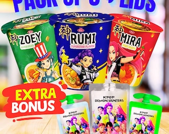 Kpop Demon Hunters Cup Nudeletiketter, Redigerbara Huntrix Ramen Ramyeon Festgåvor, Rumi Mira Zoey Canva-mall, Kpop Fest Utskrivbar