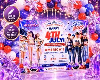 K-Pop Demon Hunters 4 juli-inbjudan | Redigerbar Canvas-mall | Inbjudan till självständighetsdagens fest | Digital nedladdning |