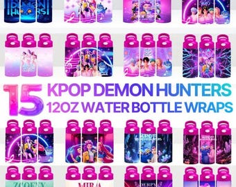 Huntrix Kpop Demon Hunters Bottle Wrap Bundle PNG, Rumi Zoey Mira and Saja Boys 12oz Water Bottle Wrap Set, Instant Download