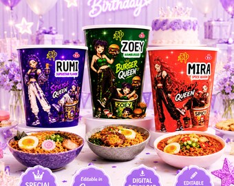 Kpop Demon Hunters Cup Noodle Labels Editable Canva Template, Huntrix Ramen Party Wraps, Rumi Mira Zoey Printable Birthday Favor