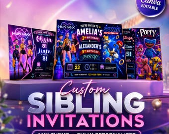 Custom Birthday Invitation Design Service, Personalized Kids Party Invite, Any Theme Canva Evite, Siblings Birthday Invitation