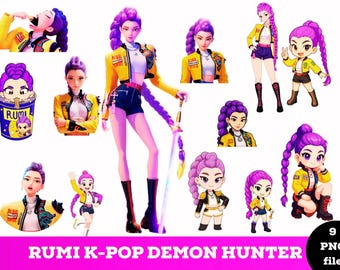 K-Pop Demon Hunters-inspirerat PNG-paket | Huntrix Rumi-stil Clipart | Saja Girls-inspirerat konstverk | Anime Fantasy Digital nedladdning