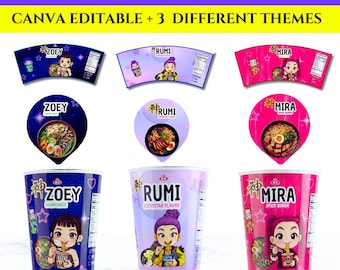 Kpop Demon Hunters, Cup Noodle Etiketter Ramyeon, Cosplay Party Huntrix Ramen, Rumi Mira Zoey, Kpop-fest, Utskrivbart paket, Halloween-fest