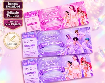 Inbjudan till födelsedagskonsertbiljett för K-Pop Demon Hunters | Redigerbara Canva-mallar, set med 3 | Huntrix Party Pass | Direktnedladdning