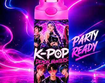 K-Pop Demon Hunters Huntrix Rumi, Zoey & Mira 355 ml vattenflaska i PNG | Söt kawaii anime-inspirerad barnmuggdesign | Digital nedladdning
