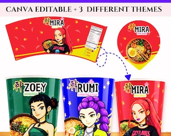 KPop Demon Hunters Inspired Cup Noodle Labels | Ramyeon Party Printables | Huntrix Style Ramen Cup Wraps | Cosplay Party Decorations
