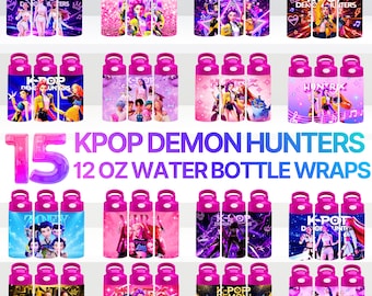 Huntrix Kpop Demon Hunters fles wrap bundel PNG, Rumi Zoey Mira en Saja Boys 12oz waterfles wrap set, direct downloaden