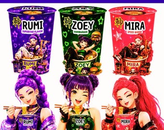 Kpop Demon Hunters Cup Noodle Labels Editable Canva Template, Huntrix Ramen Party Wraps, Rumi Mira Zoey Printable Birthday Favor
