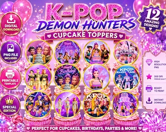 K-Pop Demon Hunters muffinsdekorationer | Utskrivbar födelsedagsfestdekoration | Huntrix tårtdekoration | Direktnedladdning PNG | 12 muffinsdekorationsdesigner