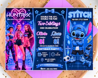 K-Pop Demon Hunters Stitch födelsedagsinbjudan | Tvillingfödelsedagsinbjudan | Redigerbar Canvas-mall | Utskrivbar festinbjudan