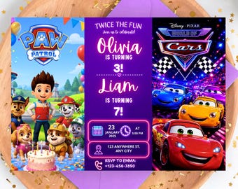 Pawrty Patrol Racing Birthday Invitation | Brother Sister Joint Birthday Invite | Editable Siblings Party Template
