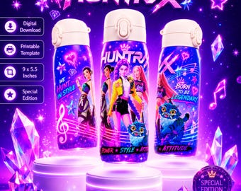 K-Pop Demon Hunters Huntrix 12oz Water Bottle Wrap | Rumi Kpop Kids Tumbler PNG | Pink Anime Sippy Cup Wrap | Cute Kawaii Drink Wrap