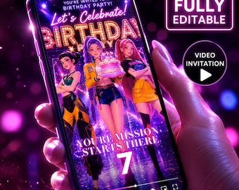 Invitación de cumpleaños en video de K-pop Demon Hunters, invitación animada personalizada para móviles de Huntrix Saja Boys, descarga digital.