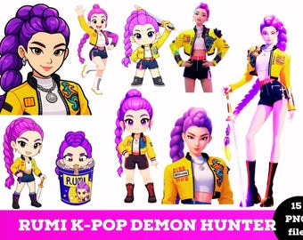 K-Pop Demon Hunters-inspirerad Clipart PNG | Huntrix Rumi-stilkonst | Saja Girls Anime-paket | Transparent PNG | Digital nedladdning