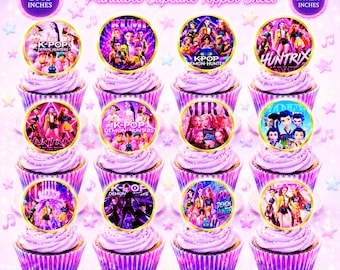 K-Pop Demon Hunter muffinsdekorationer | Utskrivbara födelsedagsfestdekorationer | Huntrix muffinsdekorationer | Direkt nedladdning | Huntrix PNG |