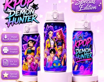 K-Pop Demon Hunters Huntrix 355 ml vattenflaskomslag | Rumi Kpop barnmugg PNG | Rosa anime-sippmuggomslag | Söt kawaii-dryckomslag