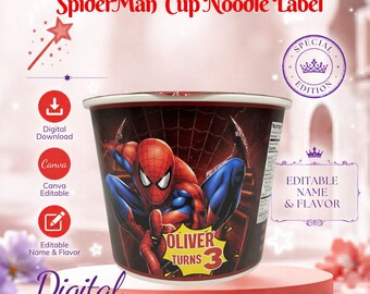 Spiderman Cup Noodle Label Editable Canva Template | Superhero Noodle Wrap | Name & Age Editable | Birthday Party Favor | Instant Download